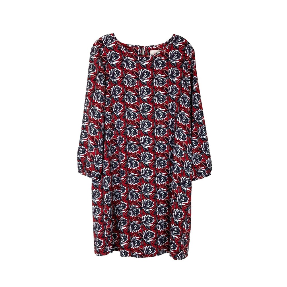 LOFT Women's A-Line Midi Shift Dress Size M Red Gray Floral Modest Office